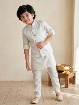 Mini Stitch - Jacquard Woven Full Sleeves Kurta and Pyjama and Waistcoat White