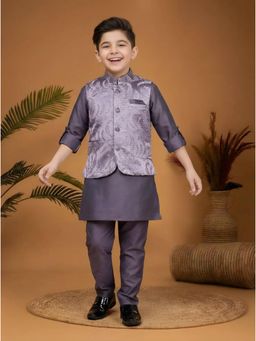Mini Stitch - Jacquard Woven Full Sleeves Kurta and Pyjama With Waistcoat- Purple