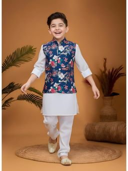 Mini Stitch - Cotton Silk Full Sleeves Kurta and Churidar with Nehru Jacket- Navy Blue