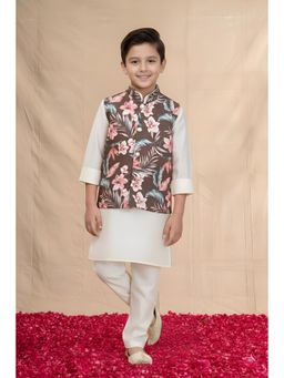 Mini Stitch - Cotton Silk Kurta and Churidar with Nehru Jacket- Brown