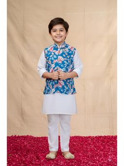 Mini Stitch - Cotton Silk Full Sleeves Kurta and Churidar with Nehru Jacket-Blue