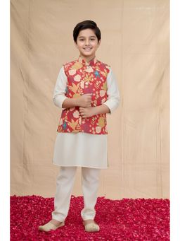 Mini Stitch - Cotton Silk Full Sleeves Kurta and Churidar with Nehru Jacket-Red