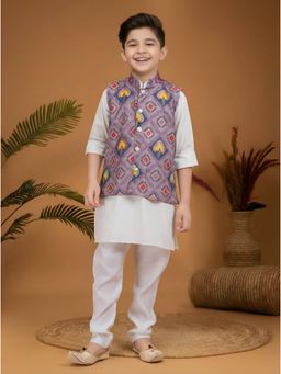 Mini Stitch - Cotton Silk Full Sleeves Kurta and Churidar with Nehru Jacket-Lilac