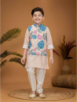 Mini Stitch - Cotton Silk Full Sleeves Kurta and Churidar with Nehru Jacket-Peach