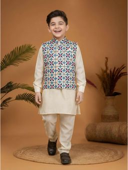 Mini Stitch - Muslin Cotton Printed kurta and Pyjama with Nehru Jacket- Green