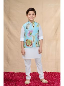 Mini Stitch - Cotton Silk Embellished Kurta and Pyjama with Nehru Jacket-Blue