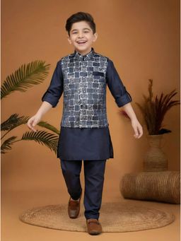Mini Stitch - Jacquard Brick Pattern Kurta and Pyjama With Waistcoat- Navy blue