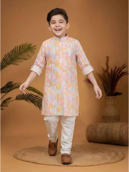 Mini Stitch - Cotton Full Sleeves Mirror Embroidered Kurta and Pyjama- Pink