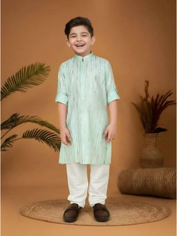 Mini Stitch - Cotton Full Sleeves Foil Printed Kurta and Pyjama- Sea green