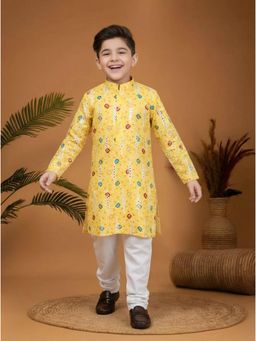 Mini Stitch - Cotton Full Sleeves Mirror Embroidery Kurta and Pyjama- Yellow