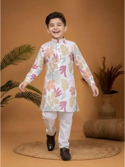 Mini Stitch - Multicolour Botanical Printed Kurta With Pyjama-Off White