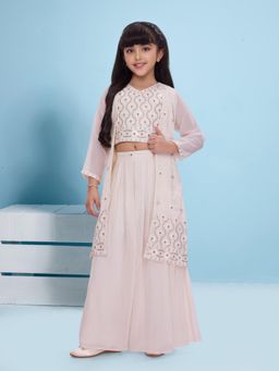 Mini Stitch - Georgette Embroidered Blouse and Palazzo with Jacket - Ivory