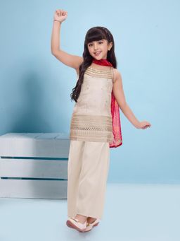 Mini Stitch - Sleeveless Embroidered Kurta with Palazzo and Dupatta- Cream