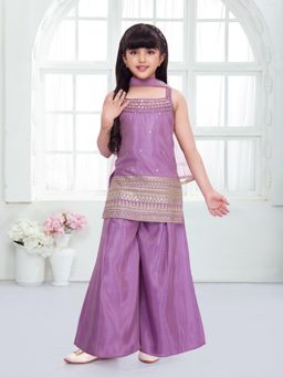 Mini Stitch - Sleeveless Embroidered Kurta With Palazzo And Dupatta- Lavender