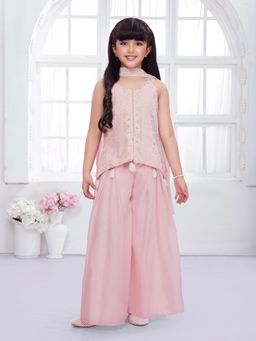 Mini Stitch - Sleeveless Georgette Embroidered Top and Palazzo With Dupatta-Pink