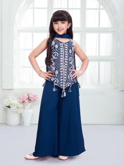 Mini Stitch - Sleeveless Georgette Embroidered Top and Palazzo And Dupatta-Navy Blue