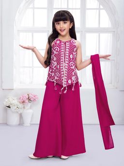 Mini Stitch - Sleeveless Georgette Embroidered Top and Palazzo And Dupatta - Pink