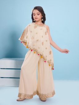 Mini Stitch - Sleeveless Tissue Embellished Top and Palazzo- Cream