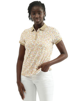 United Colors of Benetton - Women Printed Polo Collar Beige T-Shirt
