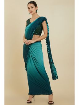 Soch - Women Teal Crepe Embellished Saree with Unstitched Blouse