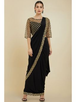 Soch - Women Black Crepe Embroidered Saree with Unstitched Blouse