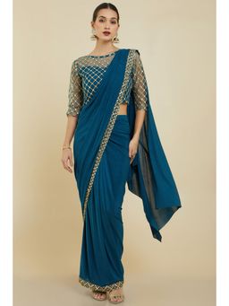 Soch - Women Teal Crepe Embroidered Saree with Unstitched Blouse
