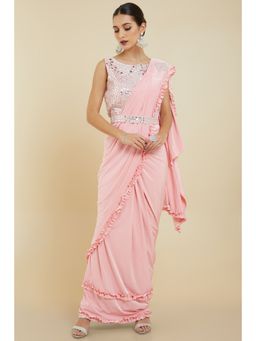 Soch - Women Pink Crepe Solid/Plain Saree with Unstitched Blouse & Belt