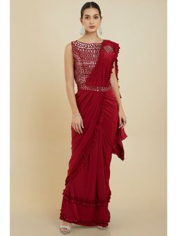 Soch - Women Red Crepe Solid/Plain Saree with Unstitched Blouse & Belt