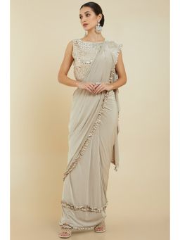 Soch - Women Beige Crepe Solid/Plain Saree with Unstitched Blouse & Belt