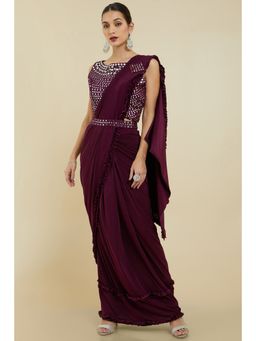 Soch - Women Purple Crepe Solid/Plain Saree with Unstitched Blouse & Belt