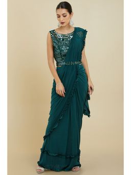 Soch - Women Turquoise Crepe Solid/Plain Saree with Unstitched Blouse & Belt