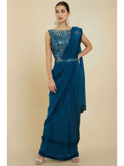 Soch - Women Blue Crepe Solid/Plain Saree with Unstitched Blouse & Belt