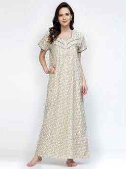 Sweet Dreams - Women Printed Half Sleeves Pure Cotton Maxi Nightdress - Off White