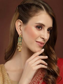 PANASH - Gold-Plated Green Stone-Studded Handcrafted Drop Earrings