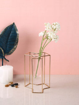 Tayhaa - Transparent Metal & Glass Geometric Hexagon Flower Vase