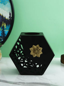 Tayhaa - Midnight Blossom Black Floral Hexagonal Flower Vase