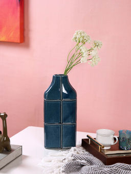 Tayhaa - Navy Blue Sculpted Grid Textured Ceramic Grid Flower Vase