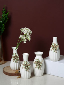 Tayhaa - White Floral Textured Ceramic Flower Vases (Set Of 4)