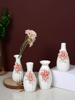 Tayhaa - White Floral Textured Ceramic Flower Vases (Set Of 4)