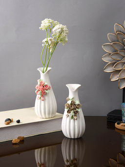 Tayhaa - White Textured Ceramic Bloom Flower Vases (Set Of 2)