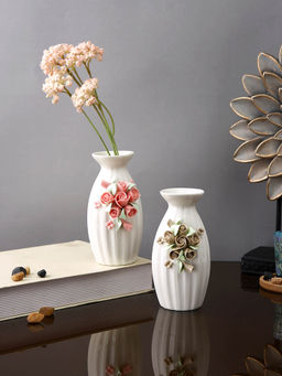 Tayhaa - White Textured Ceramic Bloom Flower Vases (Set Of 2)