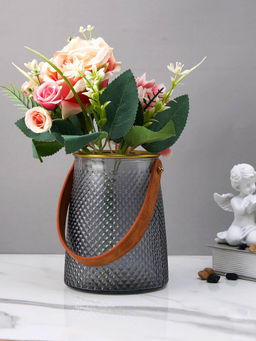 Tayhaa - Midnight Luxe Grey Textured Glass Lantern Flower Vase with Handle