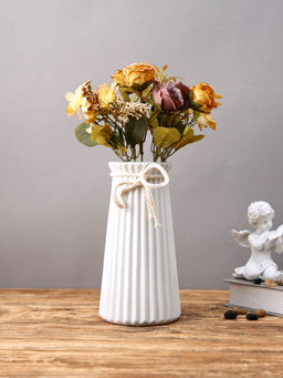 Tayhaa - Classic Elegance White Striped Ceramic Rope Flower Vase