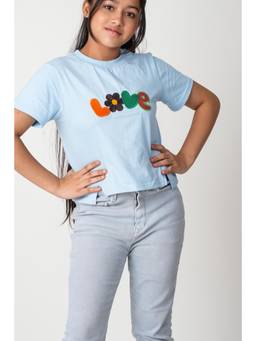 Urban buds - Girls Embroidered Cotton T-Shirt - 100% Cotton Everyday Tee -Sky Blue