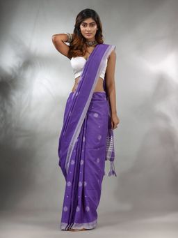 CHARUKRITI - Violet Cotton Handwoven Saree with Texture Pattern & Unstitched Blouse