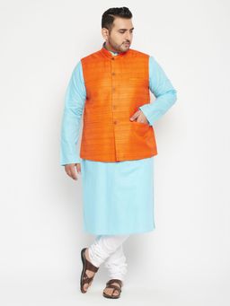 Vastramay - Men Aqua Blue Cotton Blend Jacket Kurta Churidar