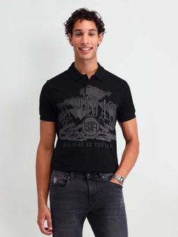 U.S. POLO ASSN. - Black Graphic Collar Neck Polo T-Shirt