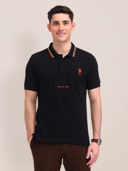 U.S. POLO ASSN. - Black Solid/Plain Collar Neck Polo T-Shirt