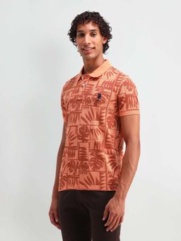U.S. POLO ASSN. - Peach Printed Collar Neck Polo T-Shirt