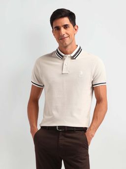 U.S. POLO ASSN. - Beige Solid/Plain Collar Neck Polo T-Shirt